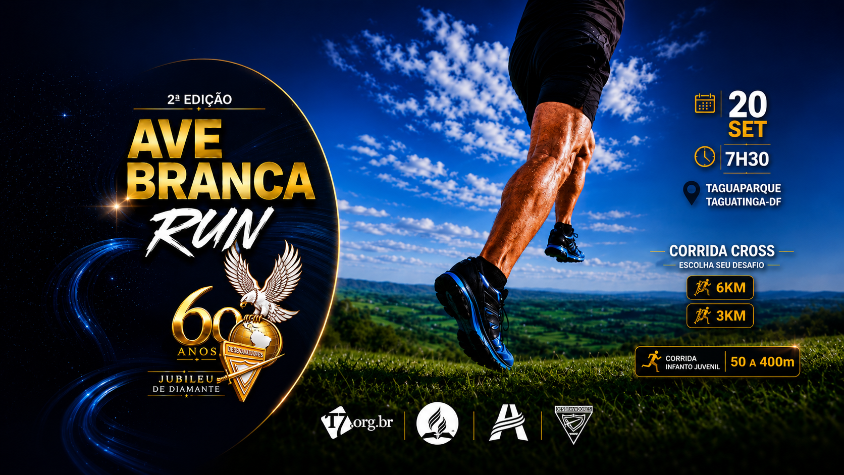 Arte da 2ª edição Ave Branca Run com data, horário, local e distâncias da corrida