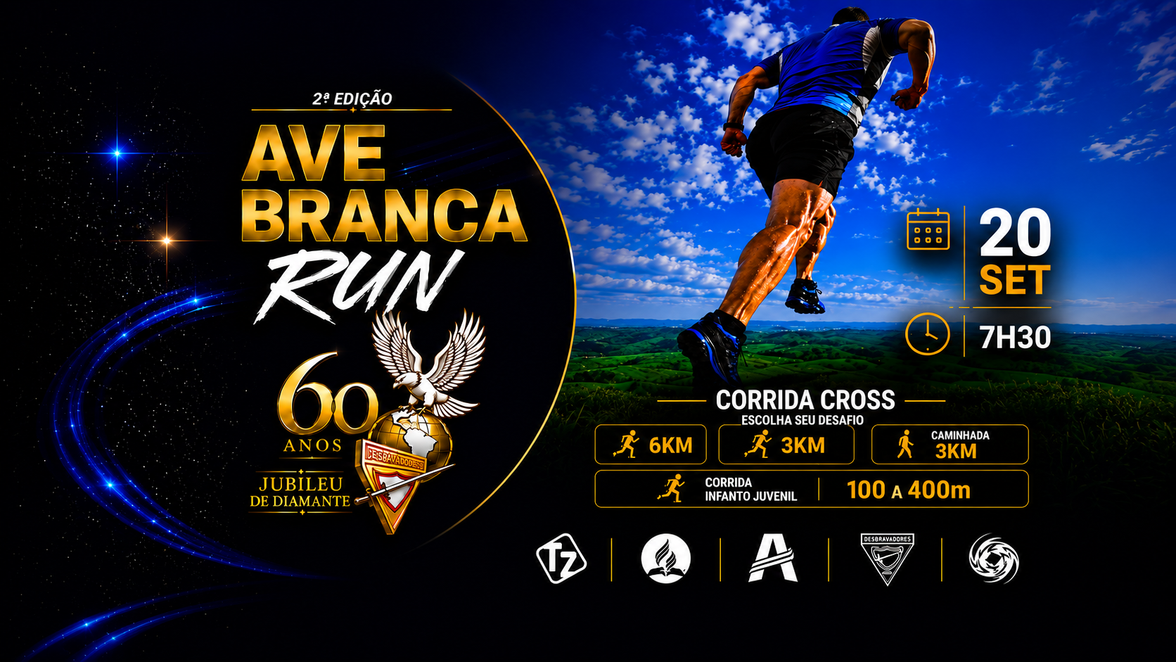 Arte da 2ª edição Ave Branca Run com data, horário, local e distâncias da corrida